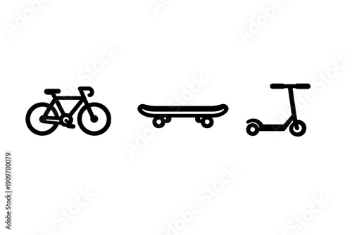 Three white minimalist line icons depicting a bicycle, a skateboard, and a kick scooter, displayed horizontally against a solid black background for urban transport.