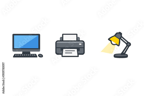 Three flat design icons of office electronics featuring a computer monitor with a keyboard, a printer with a sheet of paper, and a desk lamp shining light on a black background.