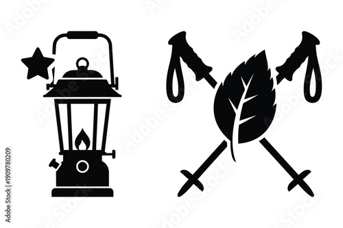 Camping Lantern and Hiking Icons Silhouette Set