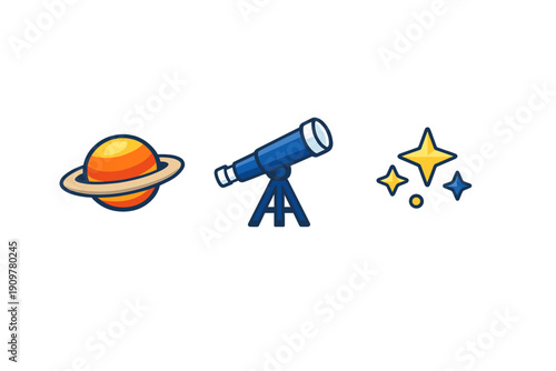 A collection of three space-themed icons featuring a ringed planet, a blue telescope on a tripod, and a cluster of stars, all set against a solid black background in a flat style.