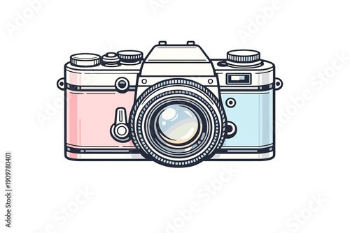This flat design illustration depicts a retro SLR camera with a pastel pink and light blue color scheme. The camera is centered on a black background with detailed dials and a lens.
