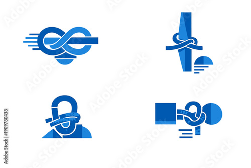 A collection of four blue minimalist icons depicting various nautical and climbing knots on a solid black background. The illustrations show different rope tying techniques and hitches.