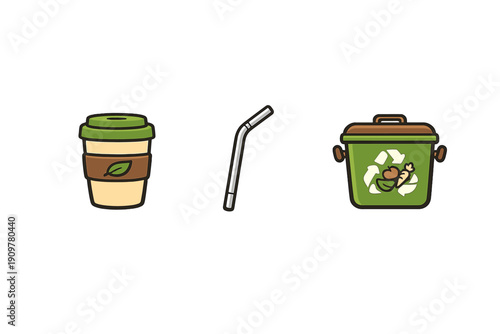 Three eco-friendly icons including a reusable coffee cup, a metal straw, and a green compost bin with food scraps, all set against a solid black background in a flat illustration style.