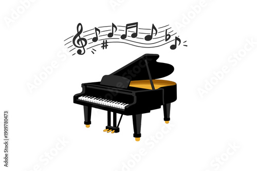 A black grand piano illustration with musical notes and a treble clef floating above it. The musical instrument features white keys and an open lid against a dark background.