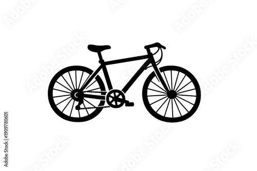 A black silhouette of a bicycle is shown against a plain white background. The bike features detailed wheels with spokes, a frame, handlebars, a seat, and pedals in a minimalist style.