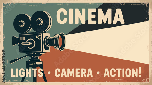 Retro cinema poster features an old film camera on a tripod with a light beam and LIGHTS CAMERA ACTION text