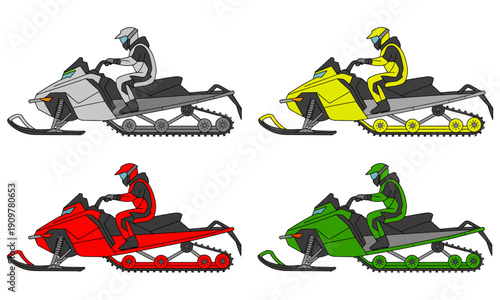 colorful snowmobiles with riders in different colors on transparent background