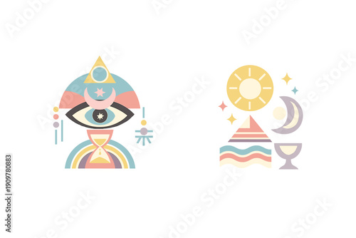 Two sets of bohemian geometric symbols including an eye, hourglass, sun, and crescent moon in soft pastel tones, isolated on a dark background for mystical design.