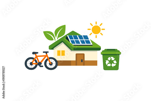 A flat vector illustration of an eco-friendly house featuring solar panels on a green roof, a bright sun, an orange bicycle, and a green recycling bin on a solid black background.