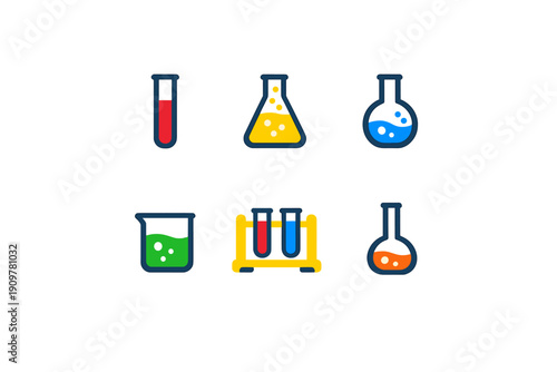 Six stylized icons of laboratory equipment such as test tubes, Erlenmeyer flasks, and beakers with colorful liquids, arranged on a black background for scientific concepts.