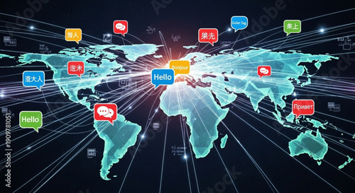 Global communication network with hello messages on world map with colorful speech bubbles