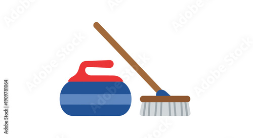Curling stone and broom illustration on ice rink surface viewed from the side during a competitive match