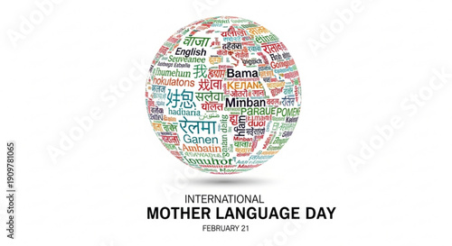 International mother language day poster with globe of languages on white background