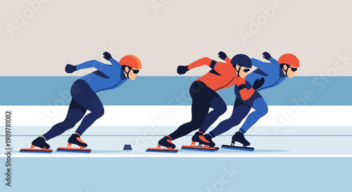 Three athletes competing in a short track speed skating event on an ice rink from a side view perspective.
