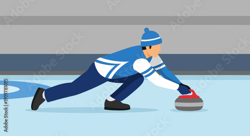 Curling player in action on ice rink, sliding stone with precision and skill, side view illustration