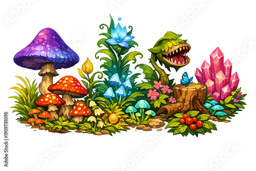 This fantasy illustration showcases a variety of magical flora such as a large purple mushroom, a carnivorous plant with teeth, glowing blue flowers, and clusters of pink crystals.