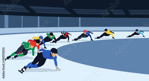 Dynamic illustration of multiple speed skaters in colorful uniforms racing intensely on an ice rink during a competitive event.
