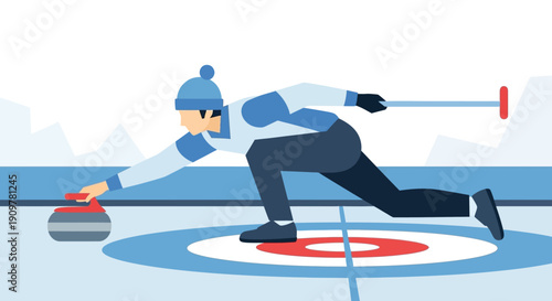 Curling player in action sweeping ice with broom on rink during competition in winter sports arena