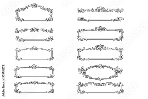 A collection of ten ornate vintage frames and decorative borders featuring baroque and rococo scrollwork patterns. These classical design elements are presented in a monochrome style.