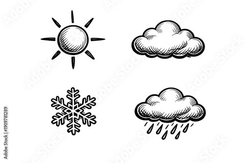 A set of four hand-drawn weather icons including a sun, clouds, and rain, rendered in a vintage engraving style with hatched shading on a solid black background.