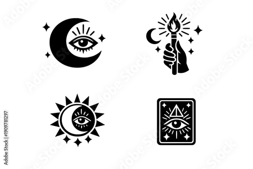 A collection of four white mystical icons on a black background, featuring an eye, a hand holding a torch, a sun and moon combination, and a tarot card with celestial symbols.