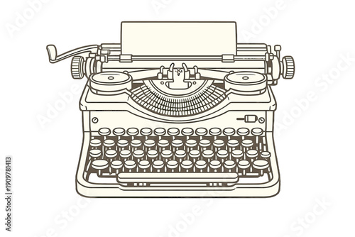 This minimalist line art illustration depicts a classic manual typewriter with a blank sheet of paper, showcasing intricate mechanical keys and knobs against a dark backdrop.