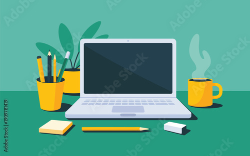 Simple illustration of an organized work desk featuring a laptop, hot coffee, and school supplies
