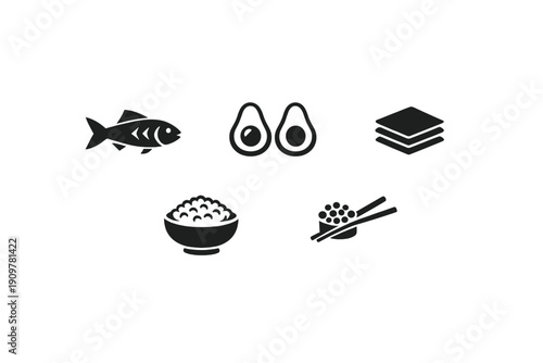 A collection of five black minimalist icons representing sushi ingredients and dishes, including a fish, avocado halves, nori sheets, a bowl of rice, and a piece of sushi with chopsticks.