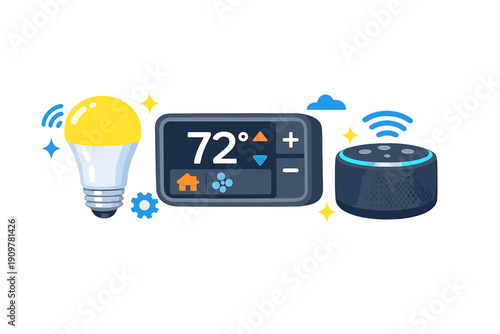 An illustration of smart home devices including a glowing light bulb, a digital thermostat displaying seventy-two degrees, and a smart speaker with wireless connectivity symbols.