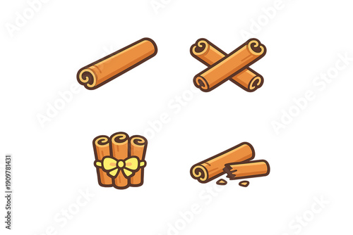 A set of four cartoon illustrations featuring cinnamon sticks in various arrangements, including a single stick, crossed sticks, a bundle with a yellow bow, and a broken piece.