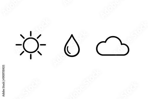 A minimalist set of three line icons representing weather and nature elements, featuring a sun, a water drop, and a cloud, displayed in white on a solid black background.