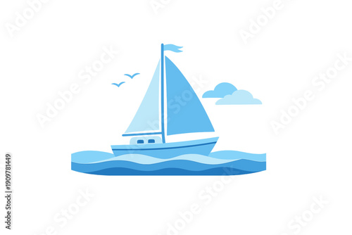 A stylized blue sailboat glides across layered ocean waves. Two birds fly in the sky near fluffy clouds. This flat vector illustration uses a monochromatic blue color palette.