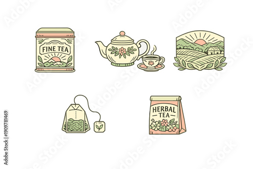A collection of vintage-style tea illustrations featuring a decorative tin, a teapot with a steaming cup, a plantation landscape, a tea bag, and a bag of herbal tea on a black background.