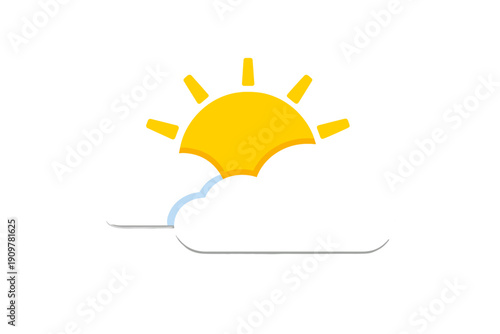 A stylized weather icon featuring a bright yellow sun with rays rising behind two fluffy white clouds. The illustration is set against a solid black background in a flat design style.