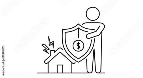 Line drawing depicting home insurance protection with a shield and dollar sign