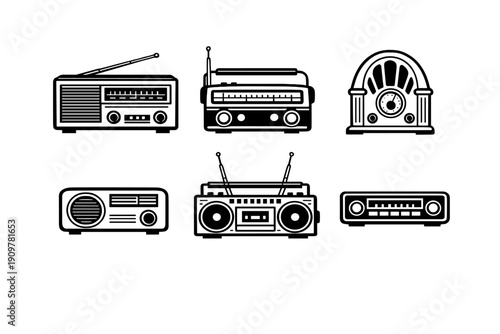 A collection of six white vintage radio icons displayed on a solid black background. The set includes various retro designs like a boombox, a cathedral radio, and portable tuners.