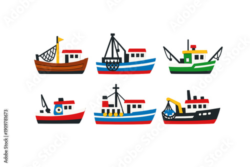 A collection of six colorful cartoon fishing boats and trawlers arranged in two rows against a black background. Each vessel features unique details like nets, masts, and cabins.