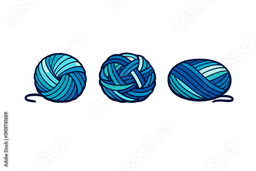 Three stylized balls of blue yarn are arranged in a horizontal row against a dark background. Each ball features different shades of blue and cyan in a clean vector illustration style.
