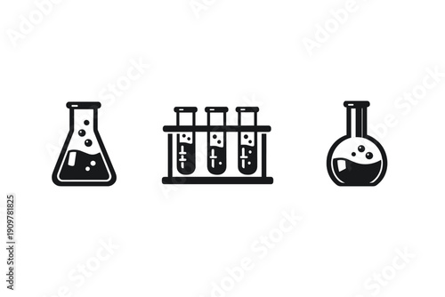 Three minimalist black and white icons of laboratory glassware including a conical flask, test tubes in a rack, and a round-bottom flask, all containing bubbling chemical liquids.