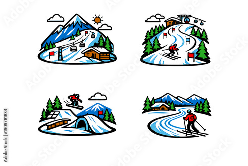 Four stylized graphic illustrations showing winter mountain activities such as skiing, snowboarding, and a ski resort with lifts, cabins, and snowy peaks under a clear sky.