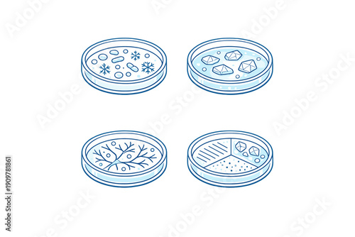 Four isometric petri dishes containing various biological and chemical samples like bacteria, crystals, and branching structures, presented in a clean blue and white line art style.