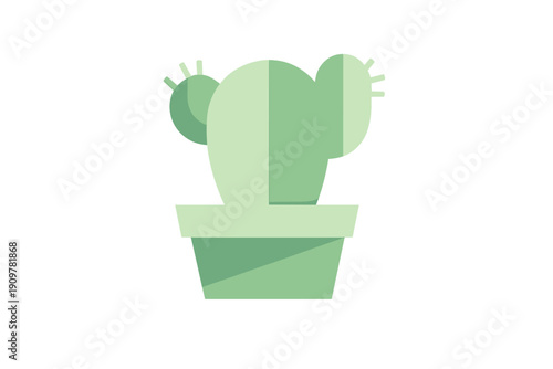 This minimalist flat illustration features a green cactus with three rounded lobes and small spikes, planted in a simple pot and set against a solid black background.