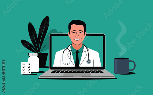 Smiling physician on a laptop screen offers online medical advice and remote healthcare service