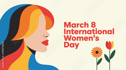 Stylized woman with colorful flowing hair celebrates March 8 International Womens Day with blooming flowers
