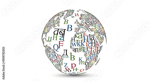 Colorful globe with multilingual letters symbolizing global communication and language diversity on white background