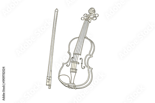 A minimalist line art illustration of a violin and its bow, featuring cream-colored outlines against a solid black background. This elegant drawing captures the classic musical instrument.