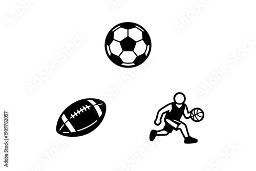 A collection of white sports icons featuring a soccer ball, an American football, and a basketball player dribbling, all set against a solid black background for a minimalist look.