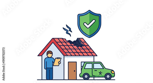 Home insurance illustration depicting a damaged roof and a protection shield