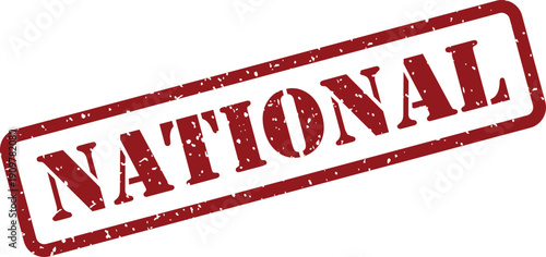 Red grunge rubber stamp prominently featuring the uppercase word NATIONAL on a clear white surface