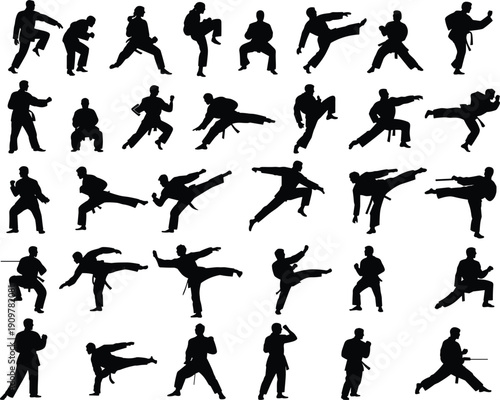 Martial Arts Silhouettes Collection, Dynamic Karate Taekwondo Kung Fu Fighting Action Poses Vector Set Isolated on White Background